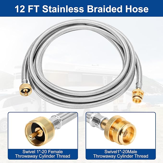 Propane Brass Tee 4 Port Adapter Kit with 5FT and 12FT Stainless Braided Hoses,Extend a Stay Rv Propane Kit for Tank RV Camping Connecting Auxiliary Propane Bottles and Appliances