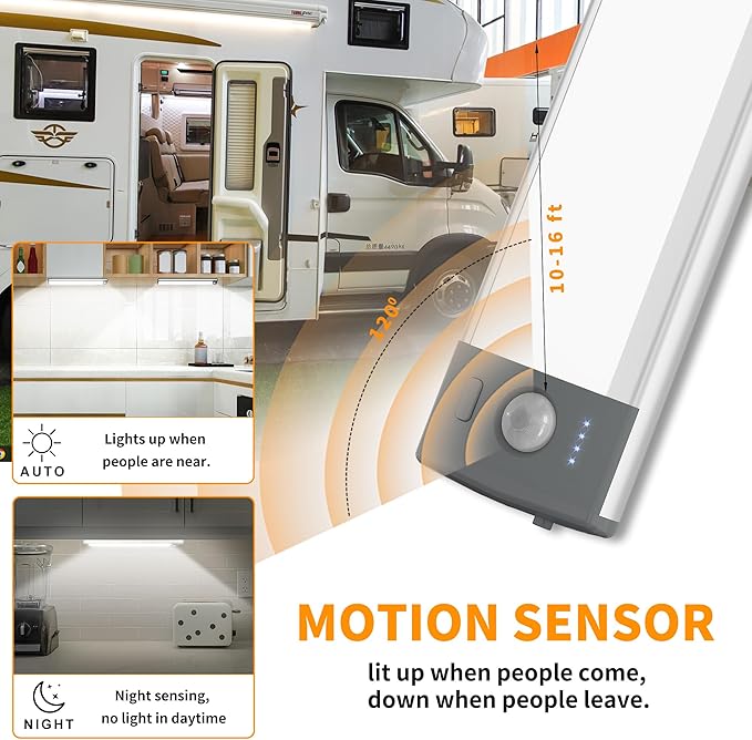 RV Lights Exterior Motion Sensor RV Step Light,3000mAh LED Rv Light Camping Wireless Rechargeable Lighting,Camper Lights Adjustable 3 Colours,Battery Level Display for Travel,Motorhome,Tent(10inch)