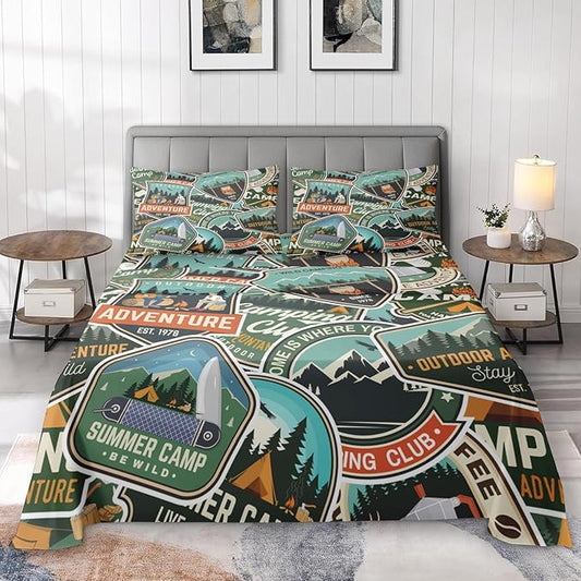 Full Size Bed Sheet Sets, Colorful Summer Camp Soft Microfiber 4 Pcs Bedding Sets for Kids and Adults Bedroom Bed Decor, Rv Camping Bear Flat, Fitted Sheet and 2 Pillowcases