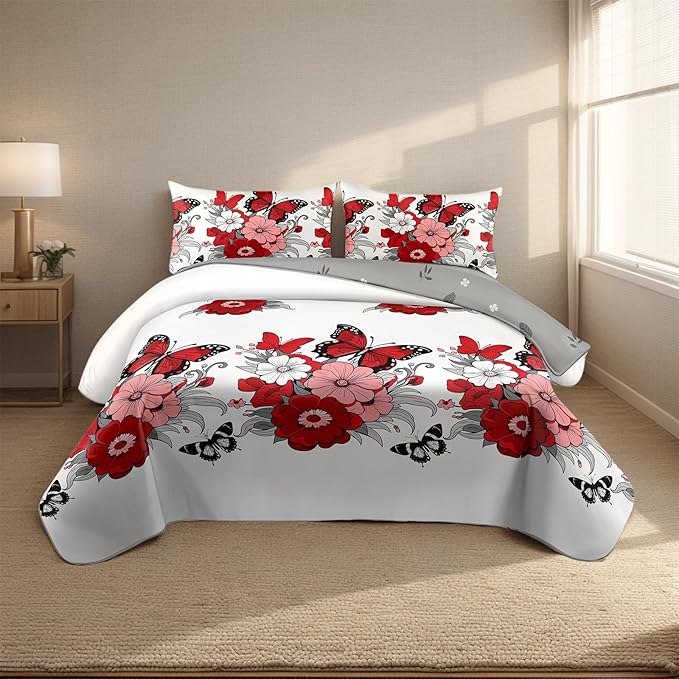 4 Pcs Queen Duvet Cover Set | Boho Red Floral & Butterfly | 2 Pillowcases, 1 Duvet Cover, 1 Fitted Sheet | Microfiber, Fade-Resistant | Bedroom, RV & Guest Room