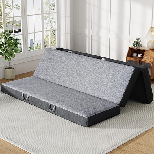Trifold Mattress King Size 6 Inch - Foldable Memory Foam Mattress for Camping, Travel, RV, Guest Bed & Yoga - No Slip Bottom, Washable Cover with Handles - Portable Folding Floor Cushion 80"x76"x6"