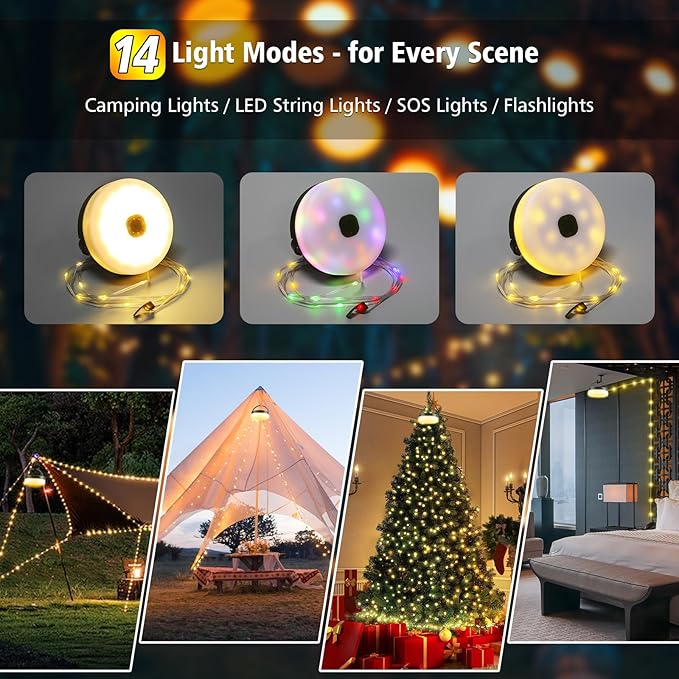 Camping String Lights 33ft 100LED, 4 in 1 Rechargeable 100LED Outdoor Tent String Lights with 14 Lighting Modes Remote Control Waterproof with Timer Function for Camping Gear Essentials Hiking Garden