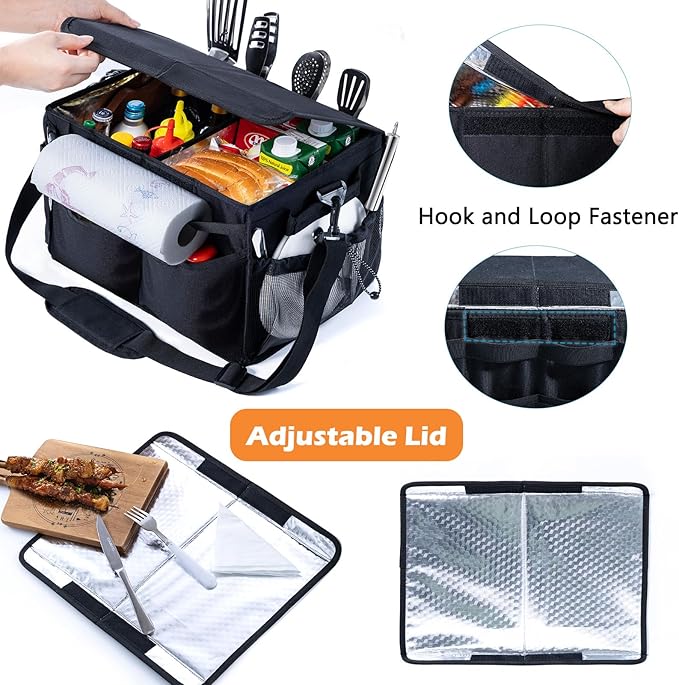 Large Grill Caddy with Lid – BBQ Organizer for Camping, Tailgating, RV, Boating – Grilling Gifts for Men – Collapsible Griddle Tote Bag with Shoulder Strap – Outdoor Essentials