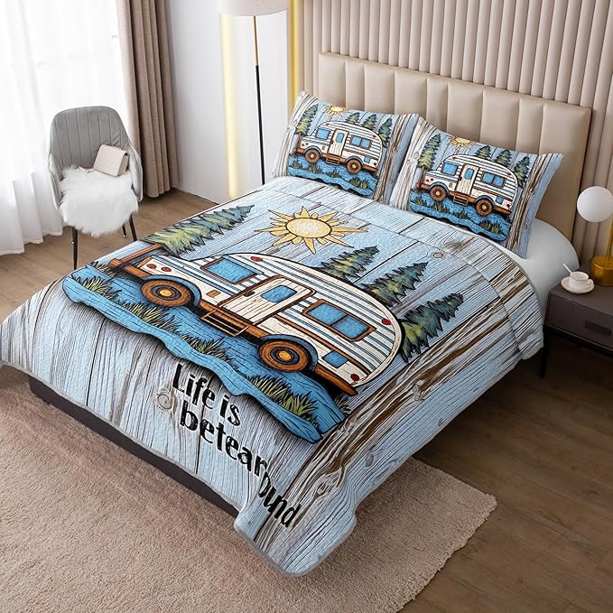 Camping Travel Trailer Bedding King Quilts for Bed,Retro Bedding for Kids Boys Girls Happy Camper Decor,Outdoor Camping Themed Quilt Sets with 2 Pillowcases.