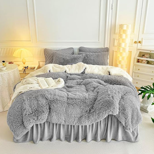 Gray Faux Fur Comforter Set Full/Queen 3 Pieces - 1 Shaggy Comforter 90x90 and 2 Fur Pillowcases, Ultra Soft and Easy Care Sherpa Luxury Plush Super Warm Winter Shaggy Bedding Set