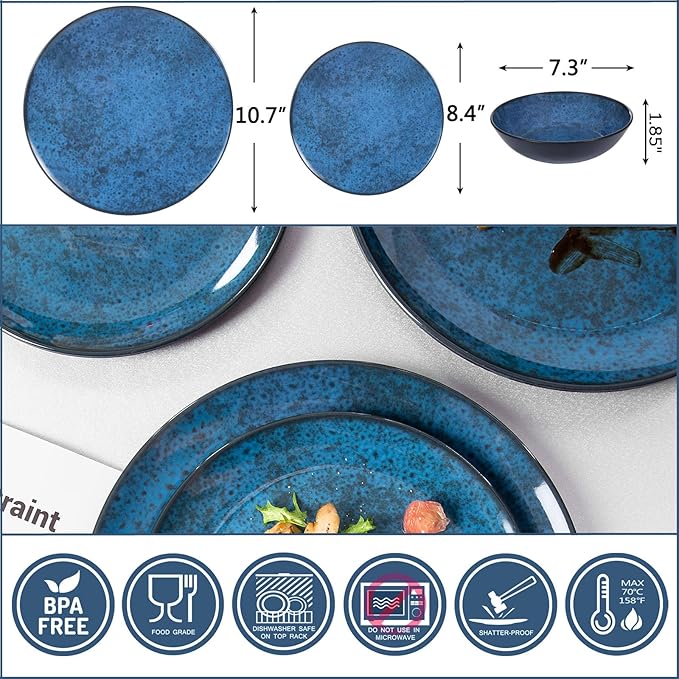 Melamine Dinnerware Sets for 4, Dinner Plates Bowls Set, Unbreakable Melamine Classic Blue Dinnerware, Dishwasher Safe Tableware Sets for Everyday Use, 12 Pcs