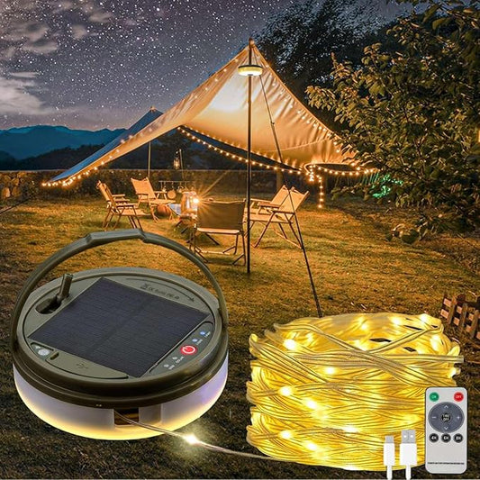 Solar Camping String Lights, 39.4 FT Fairy String Light, 4 in 1 Portable Waterproof Camp Lamp with 8 Lighting Modes, Hanging Rechargeable Tent Lantern for Christmas Decorations Patio Party Essentials