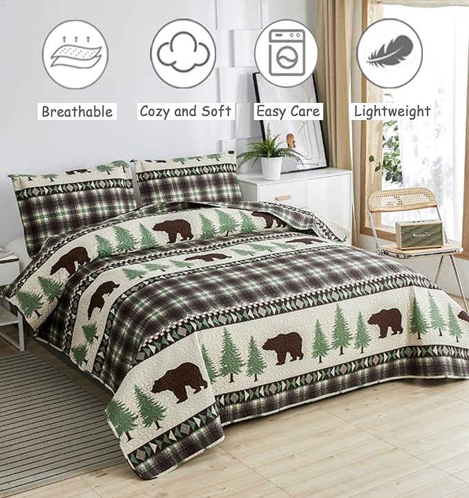 Quilts Queen Size, 3Pcs Rustic Cabin Bedspread Coverlet Set Brown Bear Green Pine Tree Bedding Set Lightweight Soft Reversible Plaid Stripe Bed Cover Set Farmhouse Decor for All Season(90"x 90")