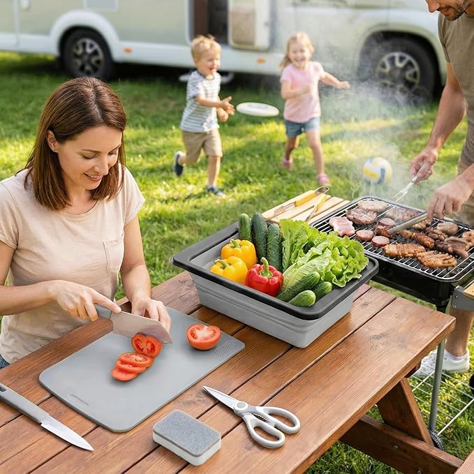 Camping Cutting Board Set - 7-in-1 Portable Foldable Chopping Board with Knife, Vegetable Washing Basket, Kitchen Essentials for Camping, RV, Picnic, Travel & Outdoor Cooking