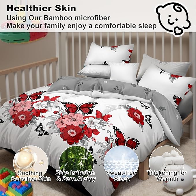 4 Pcs Queen Duvet Cover Set | Boho Red Floral & Butterfly | 2 Pillowcases, 1 Duvet Cover, 1 Fitted Sheet | Microfiber, Fade-Resistant | Bedroom, RV & Guest Room