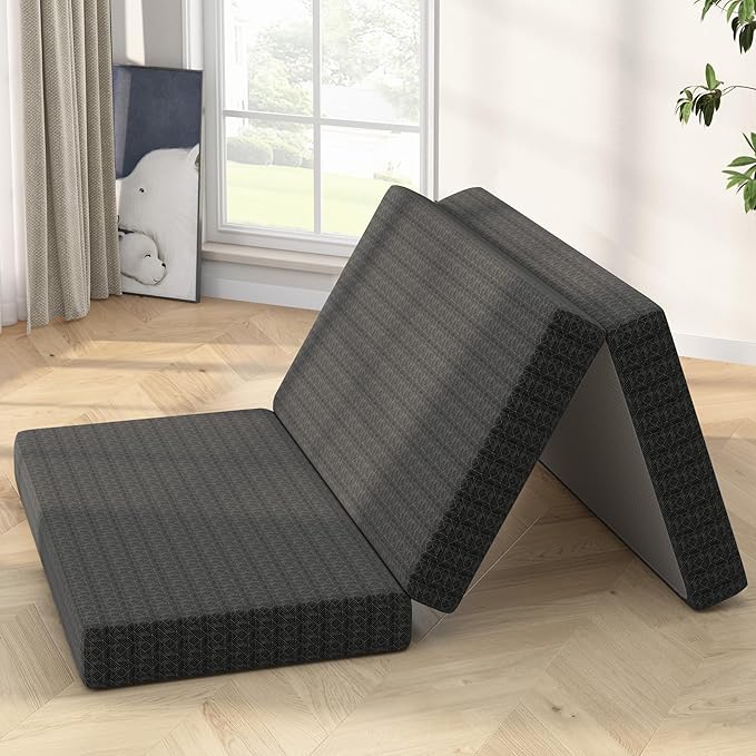 6 Inch Tri-Fold Mattress Queen Size, Portable Memory Foam Guest Bed with CertiPUR-US Certified Cooling Gel & Washable Cover, Folding Mattress for Camping, Dorm, RV & Living Room, Black