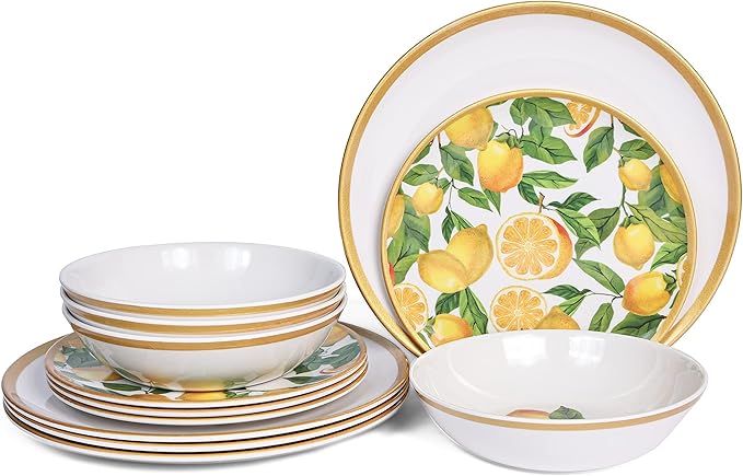 Melamine Dinnerware Sets- 12pcs Melamine Plates and Bowls Set for 4,Indoor and Outdoor Dinnerware, Lemon dinnerware set