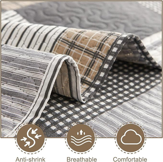 Brown Black Plaid Bedding Sets, 3 Pcs King Size Quilt Bedspread Checked Patchwork Print Coverlets Bedcover Reversible Bed Cover Country Bedroom Decor(96"x 108")