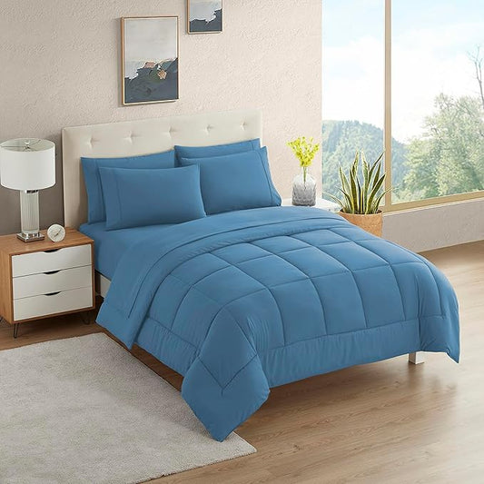 RV Short Queen Comforter Set for RV Camper - Comforter Set with Fitted & Flat Sheet, 4 Pillowcases - Tailored for RV Short Queen Beds - Cozy Essentials for Your RV Bedroom, Denim