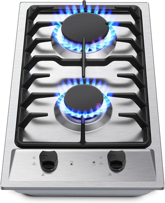 2-Burner Gas Cooktop with Thermocouple Protection - NG/LPG Convertible 12" Stainless Steel Built-in Gas Stove Top for RV, Kitchen & Camping