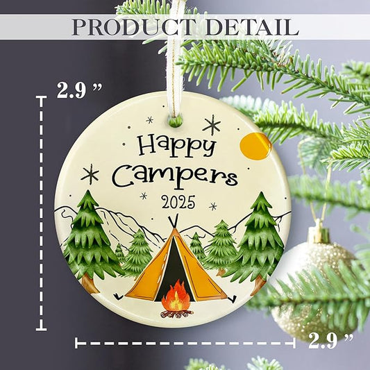 Happy Camper 2025 Ornament Camping Christmas Ornaments - Camper Xmas 2025 - Gifts for Campers, Camping Lovers Merry Christmas Hiking Trip Vacation - Ceramic Ornament 2025