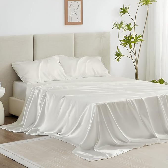 Luxury Silk Satin Short Queen Bed Sheet Set – Ultra Soft & Silky 4-Piece Deep Pocket Sheets – Elegant Bedding with 1 Fitted Sheet, 1 Flat Sheet & 2 Pillowcases – Ivory