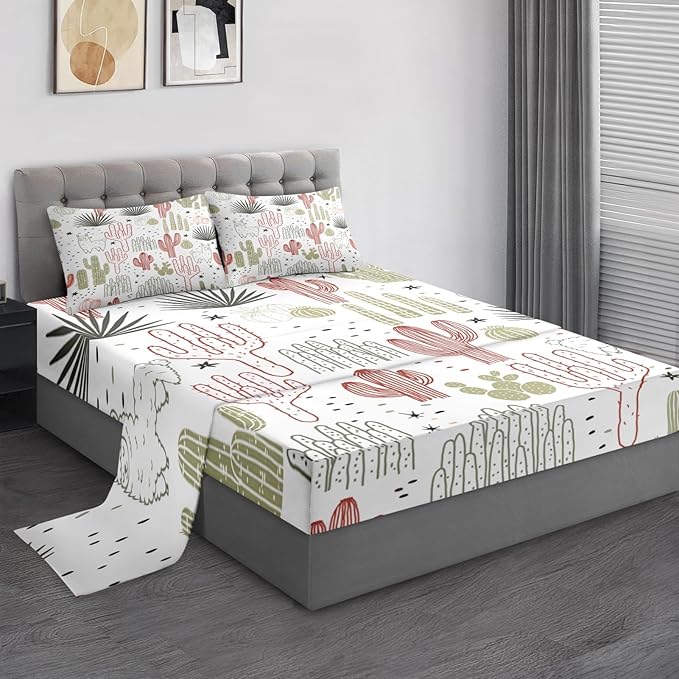Twin Size Bed Sheet Sets, Mexican Vintage Ivory Soft Microfiber 3 Pcs Bedding Sets for Kids and Adults Bedroom Bed Decor, Cactus Flower Floral Flat, Fitted Sheet and Pillowcases