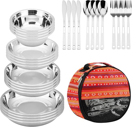Camping Mess Kits - 28pcs Camping Dinnerware Set Camping Gifts Camping cookware Sets Camping Accessories Camping Cooking Utensils Set Bowls, Plates, Knives, Forks, Spoons