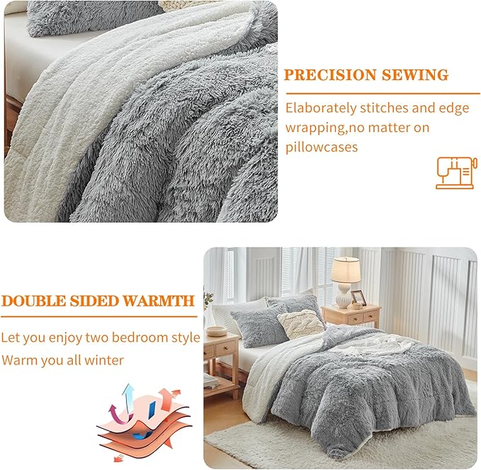 Gray Faux Fur Comforter Set Full/Queen 3 Pieces - 1 Shaggy Comforter 90x90 and 2 Fur Pillowcases, Ultra Soft and Easy Care Sherpa Luxury Plush Super Warm Winter Shaggy Bedding Set