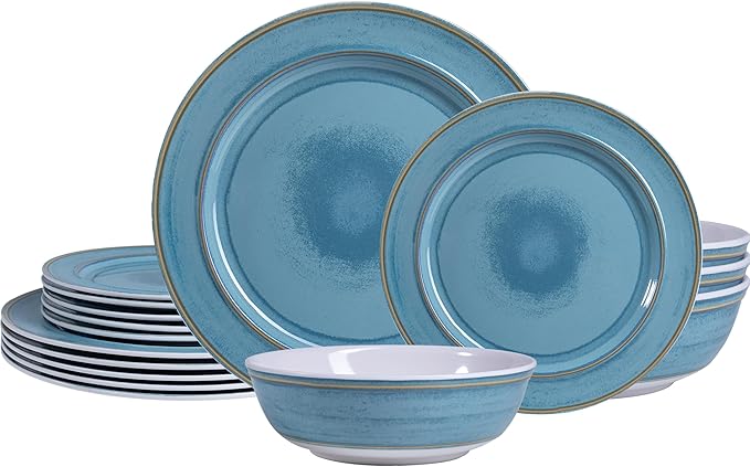 Melamine Dinnerware Sets,18 Piece Reactive Glaze like ceramic Dishes Set Service for 6,Nonbreakable and Lightweight Kitchen Plate and bowls Set, Great for Patio,Outdoors,RV,Camping.