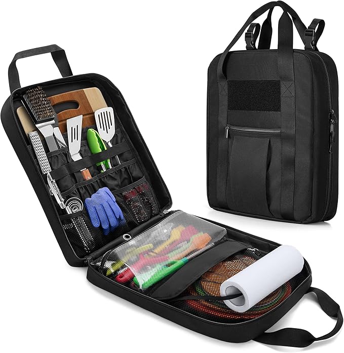 Hanging Camp Utensil Organizer with Towel Paper Holder, Portable Camping Kitchen Cookware Bag for Knives, Forks, Spoons & More, Outdoor Cooking Tools Storage Box for Travel & Hiking, Bag Only