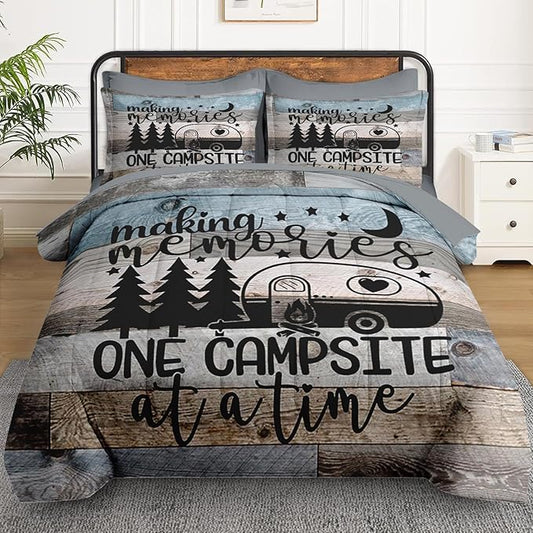 7 Pcs Queen Size Comforter Set with 2 Pillowcases & 2 Shams, Retro Wood Camp Camper Bedding Set for Kids and Adults, Inspirational Motivational Bed in a Bag with Flat Sheet and Fitted Sheet