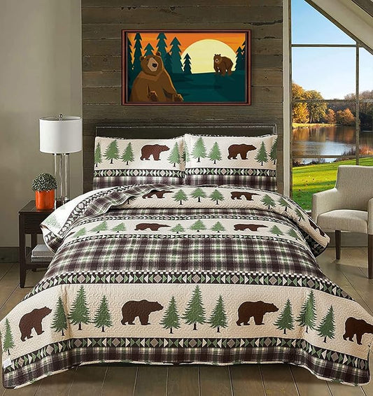Quilts Queen Size, 3Pcs Rustic Cabin Bedspread Coverlet Set Brown Bear Green Pine Tree Bedding Set Lightweight Soft Reversible Plaid Stripe Bed Cover Set Farmhouse Decor for All Season(90"x 90")