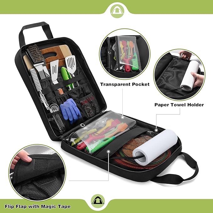 Hanging Camp Utensil Organizer with Towel Paper Holder, Portable Camping Kitchen Cookware Bag for Knives, Forks, Spoons & More, Outdoor Cooking Tools Storage Box for Travel & Hiking, Bag Only