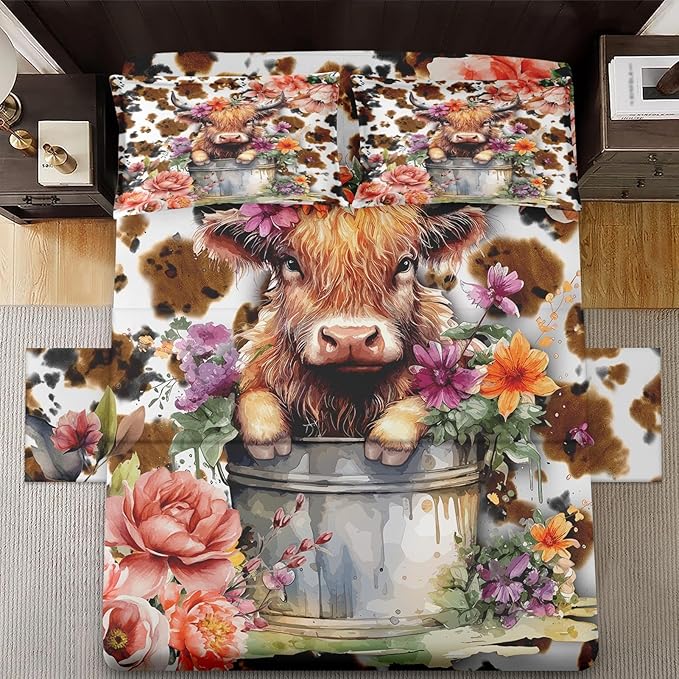 3 Pieces Twin Size Bed Sheet Sets with Pillowcases, Cute Happy Highland Soft Microfiber Bedding for Kids and Adults, Cow Print Flower Flat, Fitted Sheet for Bedroom Bed Decor