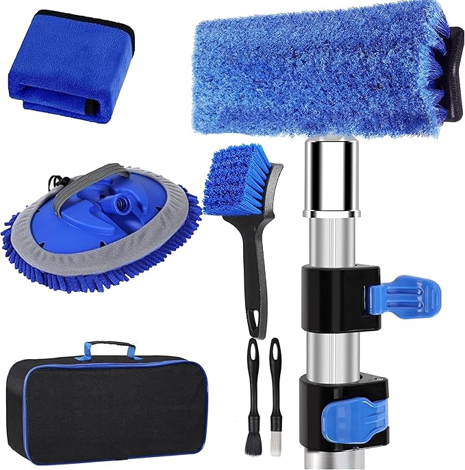 5-12ft Car Wash Kit,8 Piece,Thickened Aluminum Telescopic Rod,Cleaning Brush,Tire Brush,180 ° Chenille Mop,Fiber Towel,Storage Bag,2-Piece Detail Brush,Car,RV,Truck Clean Kit