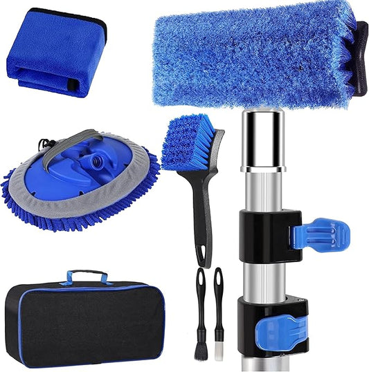 5-12ft Car Wash Kit,8 Piece,Thickened Aluminum Telescopic Rod,Cleaning Brush,Tire Brush,180 ° Chenille Mop,Fiber Towel,Storage Bag,2-Piece Detail Brush,Car,RV,Truck Clean Kit