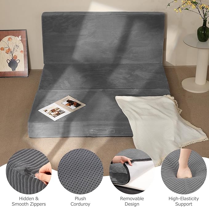 6-Inch Tri-Fold Mattress Twin Size - Foldable Futon Sofa Bed with Removable Washable Cover, Folding Memory Foam Futon Mattress | Non-Slip Bottom & Carry Handles for Guest, Camping, Dorm