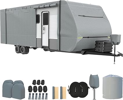 RV Cover, Upgraded 7 Layers Top Travel Trailer Cover Fits 20 to 22 Feet RV, Waterproof Camper Cover with 4 Tire Cover & Tongue Jack Cover Extra Windproof Ropes, Gutter Covers (Fits 20-22 FT)