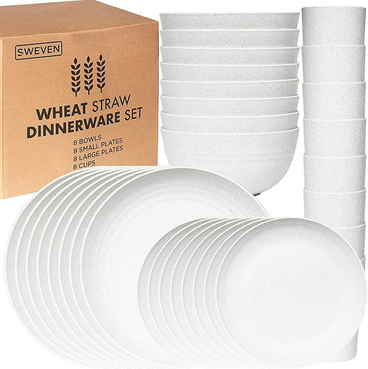 Wheat Straw Dinnerware Sets | Unbreakable Dinnerware Sets | Dishwasher Microwave Safe Dinnerware | Eco Friendly Non Breakable Dinnerware Sets | RV Outdoor Camping (White, Service for 4 (16 pcs))