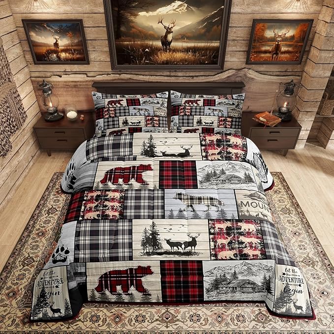 Rustic Cabin Comforter Set Queen Woodland Wolf Deer Bear Comforter For Kids Adults,Red Black Buffalo Plaid Bedding Set Wildlife Camping Lodge Mountain Quilt Bedding Southwestern Farmhouse Decor