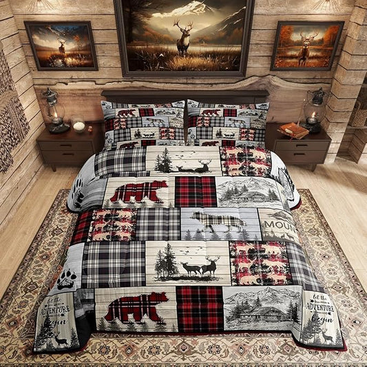 Rustic Cabin Comforter Set Queen Woodland Wolf Deer Bear Comforter For Kids Adults,Red Black Buffalo Plaid Bedding Set Wildlife Camping Lodge Mountain Quilt Bedding Southwestern Farmhouse Decor