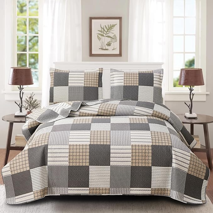 Brown Black Plaid Bedding Sets, 3 Pcs King Size Quilt Bedspread Checked Patchwork Print Coverlets Bedcover Reversible Bed Cover Country Bedroom Decor(96"x 108")