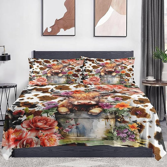 3 Pieces Twin Size Bed Sheet Sets with Pillowcases, Cute Happy Highland Soft Microfiber Bedding for Kids and Adults, Cow Print Flower Flat, Fitted Sheet for Bedroom Bed Decor