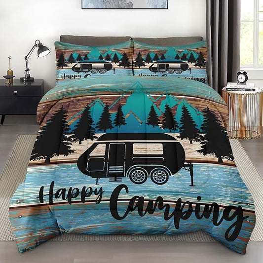 Comforter Set Queen Size, Camper Rv Car Soft 3 Pcs Bedding for Kids and Adults, Camping Vehicle Camp Comforter Set with Pillowcase, for Bedroom Bed Decor