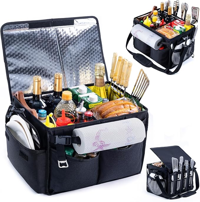 Large Grill Caddy with Lid – BBQ Organizer for Camping, Tailgating, RV, Boating – Grilling Gifts for Men – Collapsible Griddle Tote Bag with Shoulder Strap – Outdoor Essentials