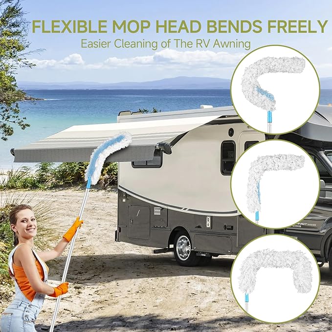 RV Awning Cleaning Mop, Extendable Pole Awning Mop Tool for Camper, Awning Cleaner for RV Canopy with Bendable and Cleaning Brush Head