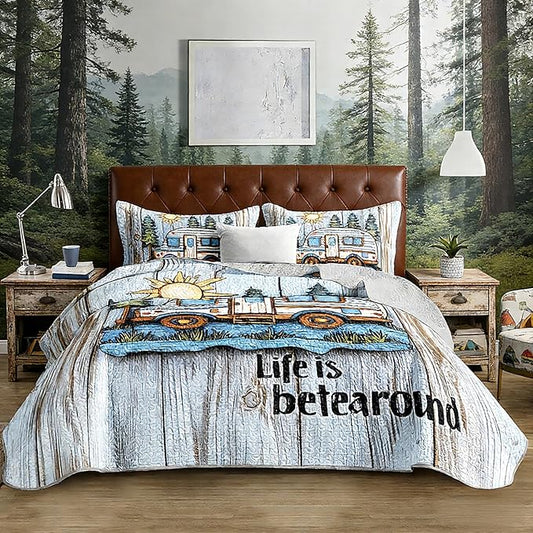 Camping Travel Trailer Bedding King Quilts for Bed,Retro Bedding for Kids Boys Girls Happy Camper Decor,Outdoor Camping Themed Quilt Sets with 2 Pillowcases.