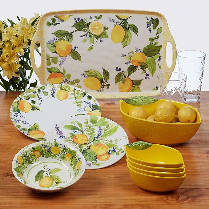 Lemon Zest 12-Piece Melamine Dinnerware Set, Service for 4 – Unbreakable Outdoor Plates & Bowls for Patio Dining, Summer BBQs, Poolside Meals, Picnics, Everyday Family Use & Entertaining