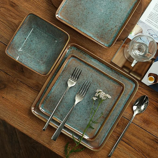 Square Melamine Dinnerware Sets of 12 Pcs,Square Plates and Bowls Sets,Unbreakable Dish Set for 4,Lightweight, Dishwasher Safe and BPA Free,Suit for RV,Camping