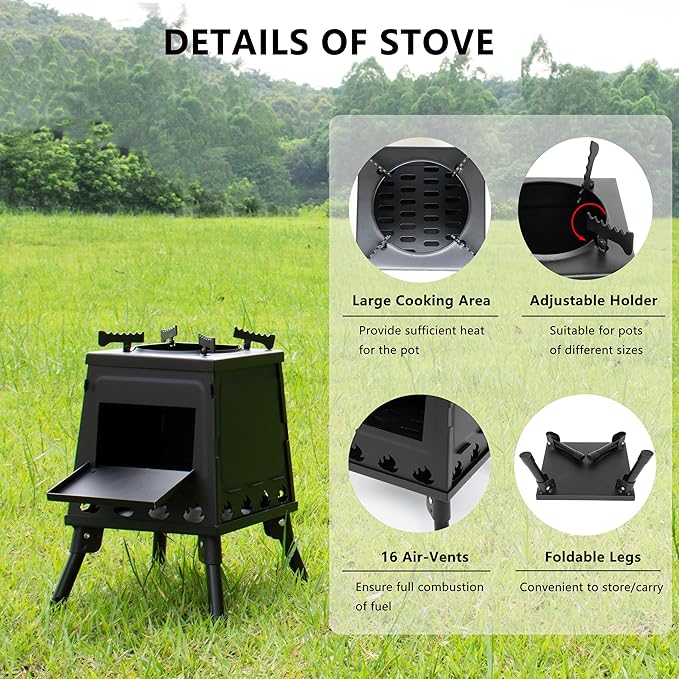 Camping Wood Stove, Portable Wood Burning Stove, Backpacking Folding Camp Tent Heat Mini Outdoor Stove with Carrying Bag, for Cooking Heating Picnic hiking BBQ Travel RV (Large)