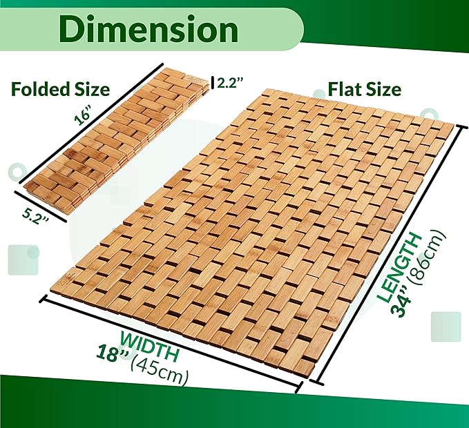 Bamboo Bath Mat for Bathroom - Large, 34 x 18 x 0.4 Inches [LxWxH] Foldable Wood Bathmat, Accessories and Decor for Bathroom Sauna Spa Tub and Door Area - Underlay for Rugs