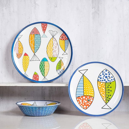 Melamine Dinnerware set for 4, Plates and Bowls Sets, Great for Camper, RV, Indoors Outdoors Use with Ocean Printed, Unbreakable
