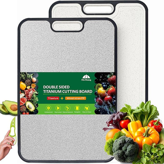Titanium Cutting Board for Kitchen, 2-in-1 Double Sided with Titanium Alloy & Wheat Straw PP, Includes Avocado Slicer & Handle for RV and Camping (16x11 Inches, Random Color)
