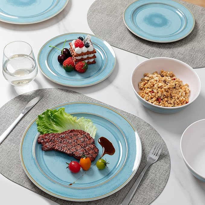 Melamine Dinnerware Sets,18 Piece Reactive Glaze like ceramic Dishes Set Service for 6,Nonbreakable and Lightweight Kitchen Plate and bowls Set, Great for Patio,Outdoors,RV,Camping.